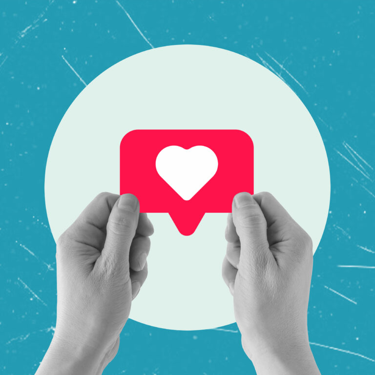 Social Media Icons. Modern artistic collage of hands creating a heart shape on a blue background