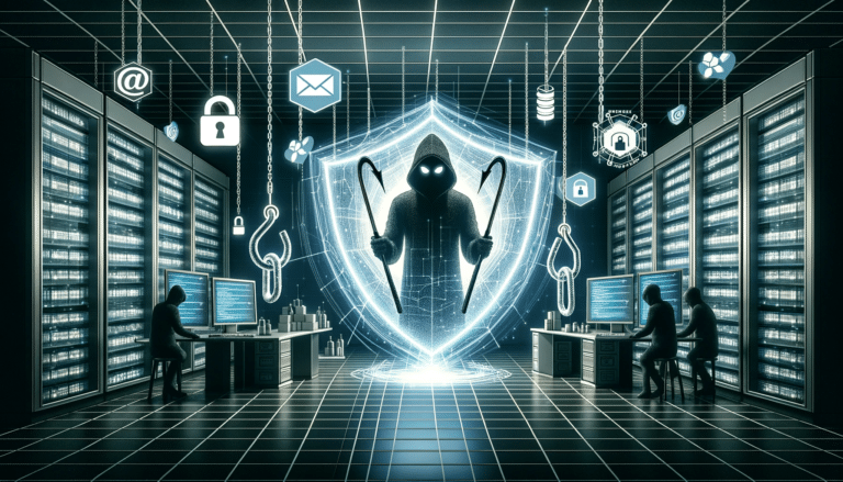 Illustration of a contemporary pharmacy setting with clean lines and digital interfaces. Emerging from the shadows are menacing hacker silhouettes arm